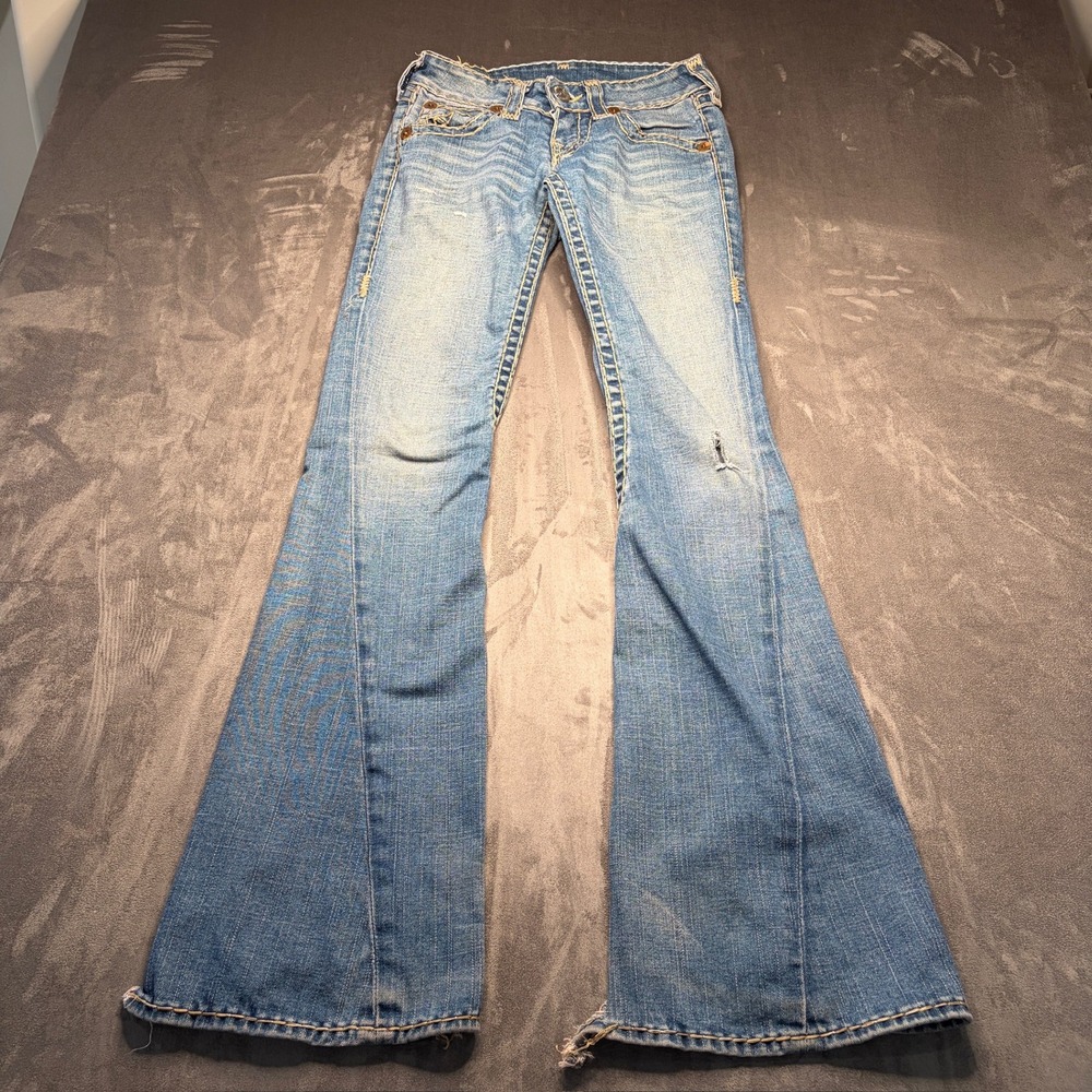 Vtg Y2k True Religion Twisted Flare Jeans Womens 26 Blue Thick Stitch Distressed